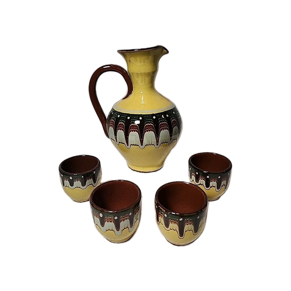 Troyan Red Ware Pitcher/Vessel With 4 Cups. Made In Bulgaria. Hand Painted